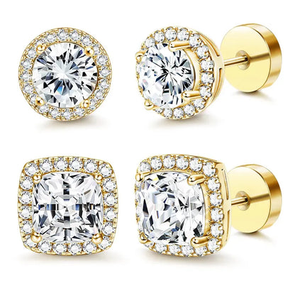 Luxury Halo Earnail 4-piece Set - Gold and Silver Round/Square Style, Low Sensitivity Copper Plated Metal Coating, Comfortable Daily Wear Fashion Accessories, Including Jewelry Box, Women's Birthday Gift