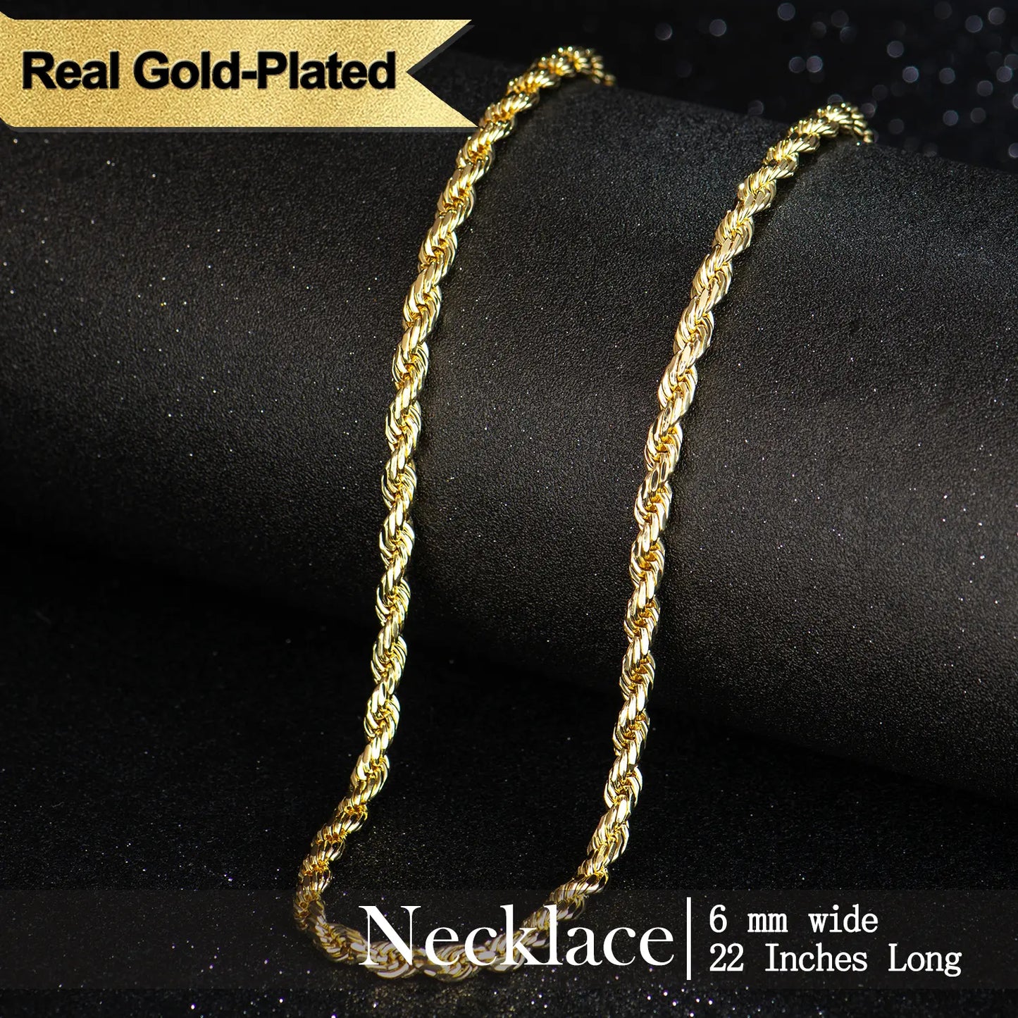 Gold-Plated Rope Chain Necklace for Women and Men,Upgraded Shine, Faceted Cut, Tarnish-Free, Goldstone necklace 6mm/8mm