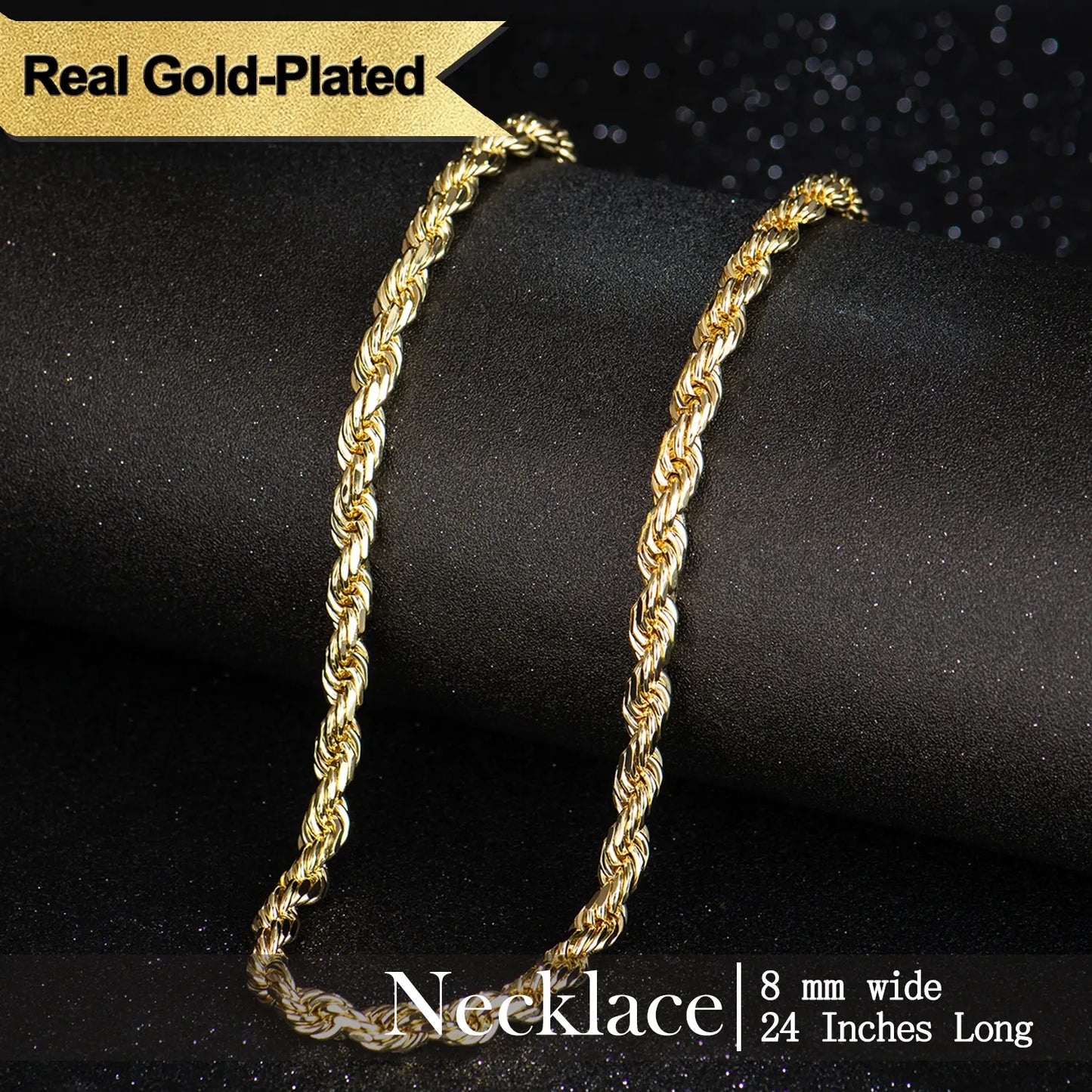 Gold-Plated Rope Chain Necklace for Women and Men,Upgraded Shine, Faceted Cut, Tarnish-Free, Goldstone necklace 6mm/8mm