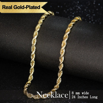 Gold-Plated Rope Chain Necklace for Women and Men,Upgraded Shine, Faceted Cut, Tarnish-Free, Goldstone necklace 6mm/8mm