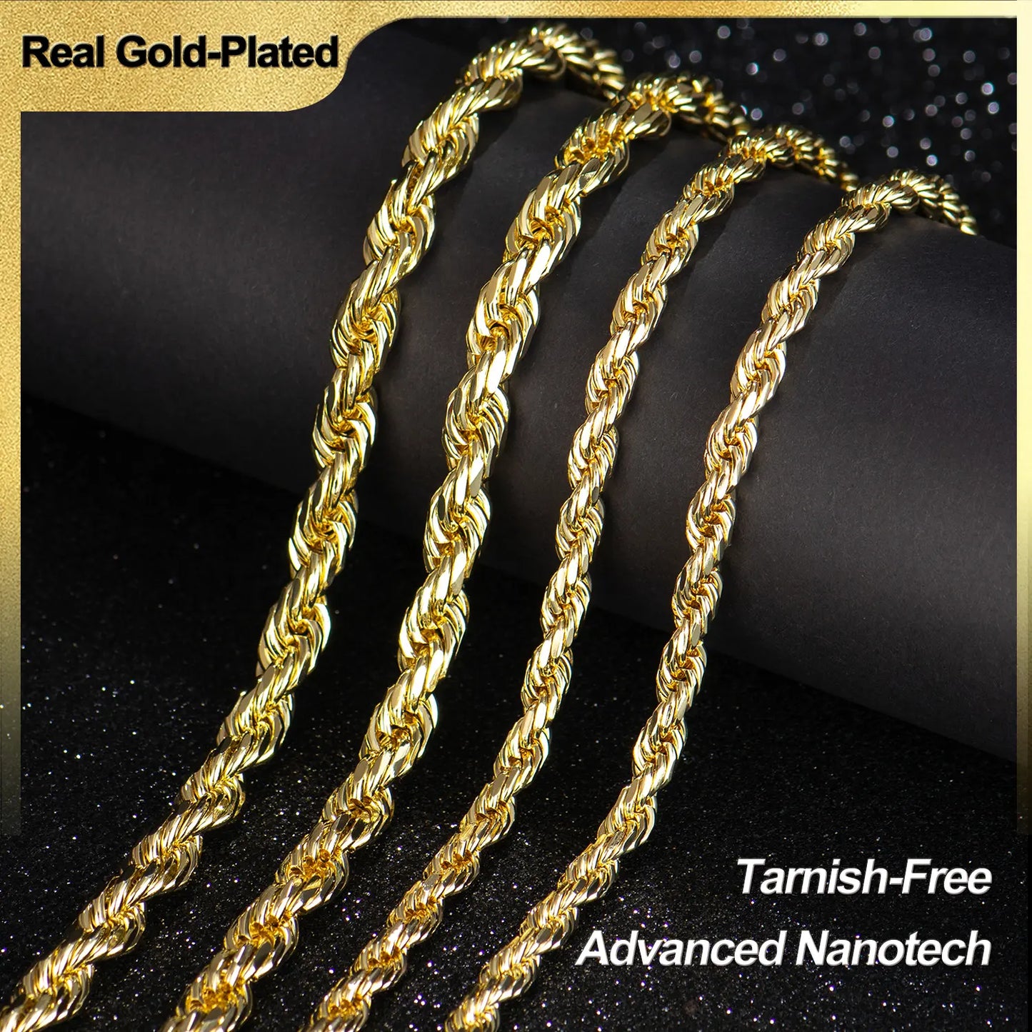 Gold-Plated Rope Chain Necklace for Women and Men,Upgraded Shine, Faceted Cut, Tarnish-Free, Goldstone necklace 6mm/8mm
