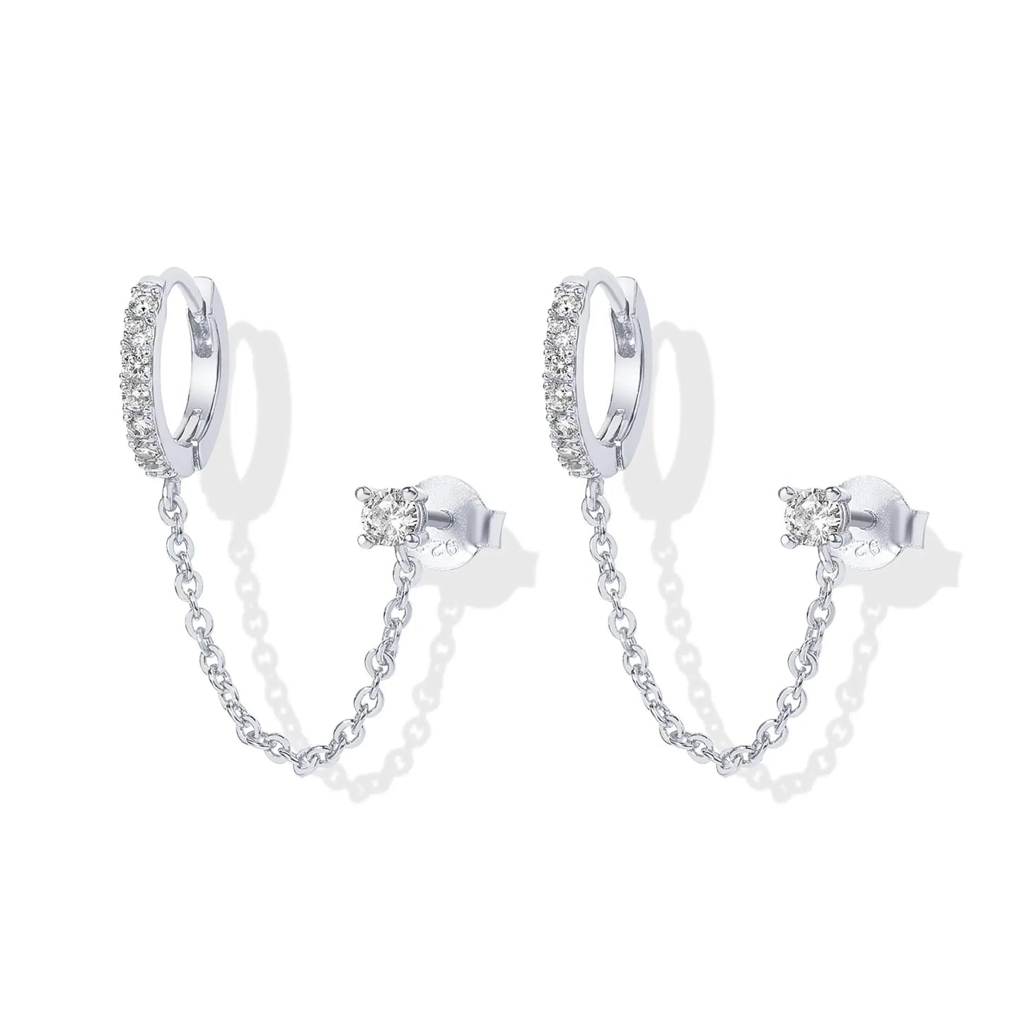 Gold Plated Chain Earrings for Women - Double Piercing Dangle Chain Huggie Hoop Earrings - Cubic Zirconia Single Stud Ear Cuff Earrings for Women