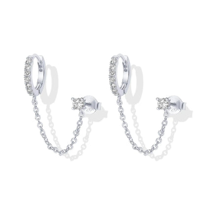 Gold Plated Chain Earrings for Women - Double Piercing Dangle Chain Huggie Hoop Earrings - Cubic Zirconia Single Stud Ear Cuff Earrings for Women