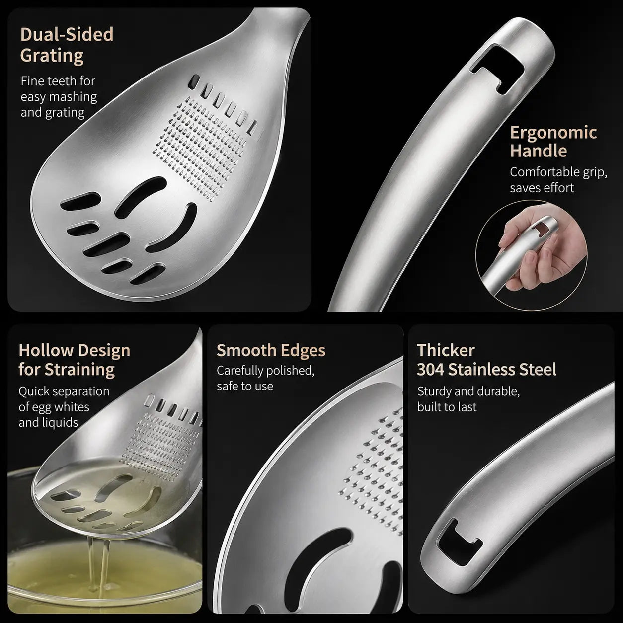 1 Count 304 Stainless Steel Multifunctional Kitchen Spoon, Egg White Separator Ginger Garlic Grater Mud Masher for Home Daily Cooking