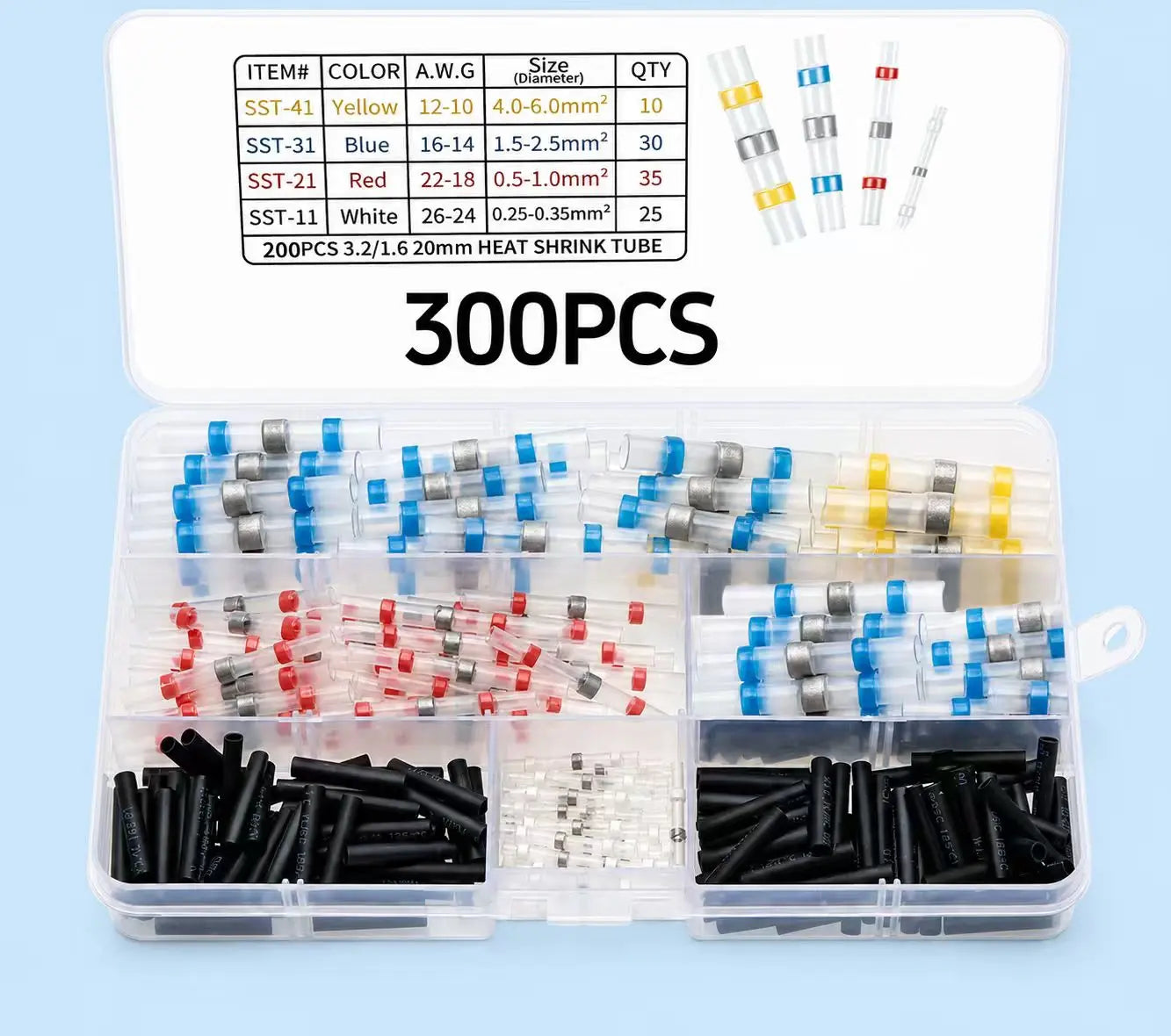 300PCS Haisstronica Bulk Pack Solder Seal Wire Connectors - Waterproof Heat-Shrink Tube Butt Terminal with Self-Solder, Adhesives, Abrasion Resistance for Marine, Automotive Applications