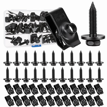 50PCS 1/4 Body Bolts & U-Nut Clips Kit for Fender Bumper Engine Cover Splash Shield Fastener Retainer Clips, Automotive Universal Screws Black(25 Sets)
