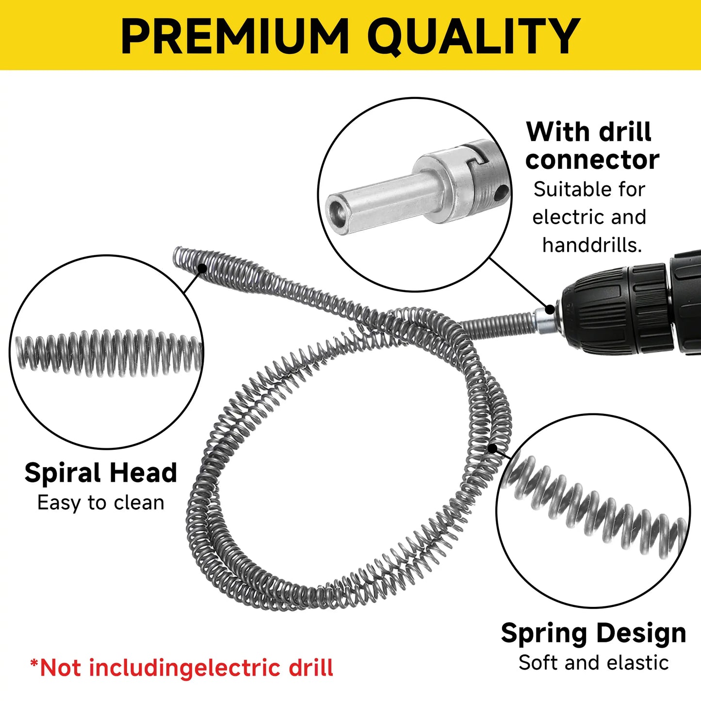 Drain Snake with Drill Adapter, Heavy Duty Drain Auger, Flexible Plumbing Snake Drain Clog Remover, Spring Steel Pipe Cleaning Tool for Kitchen Sink, Bathroom, Shower, Bathtub, Toilet, Hair & Grease Clog Removal, Reusable DIY Plumbing Cleaner