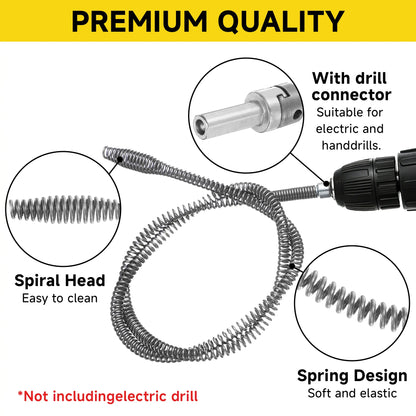 Drain Snake with Drill Adapter, Heavy Duty Drain Auger, Flexible Plumbing Snake Drain Clog Remover, Spring Steel Pipe Cleaning Tool for Kitchen Sink, Bathroom, Shower, Bathtub, Toilet, Hair & Grease Clog Removal, Reusable DIY Plumbing Cleaner