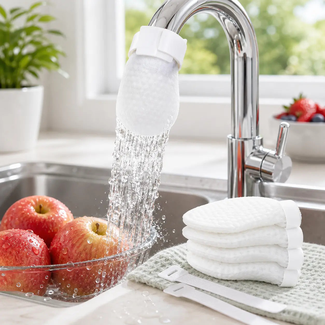 [Fits Faucets < 1"] 50 cotton filter bags disposable Cotton Faucet Filter Bags with 5 fastening straps, Splash-Reducing Tap Water Sediment Filter Sock with Elastic Cuff for Kitchen & Bathroom Faucets