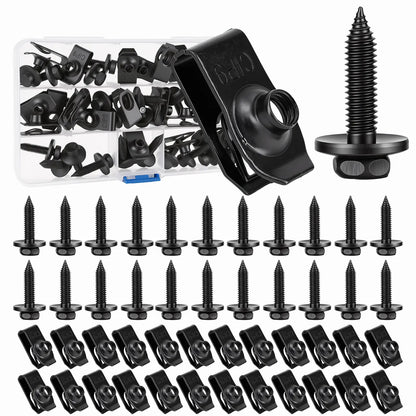 50PCS 1/4 Body Bolts & U-Nut Clips Kit for Fender Bumper Engine Cover Splash Shield Fastener Retainer Clips, Automotive Universal Screws Black(25 Sets)