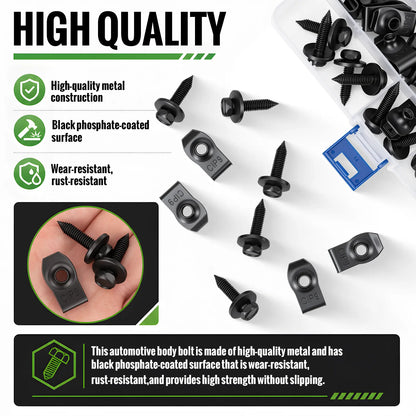 50PCS 1/4 Body Bolts & U-Nut Clips Kit for Fender Bumper Engine Cover Splash Shield Fastener Retainer Clips, Automotive Universal Screws Black(25 Sets)