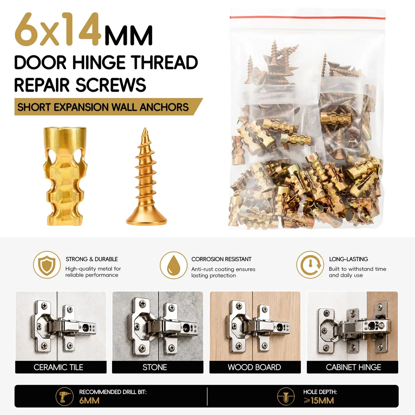 6*14mm Door Hinge Thread Repair Screws, 30Pack/60Pack Short Expansion Wall Anchors, Stripped Thread Repair Fixer for Cabinet, Tile, Stone and Partition Hinge Mounting fathersdaygift