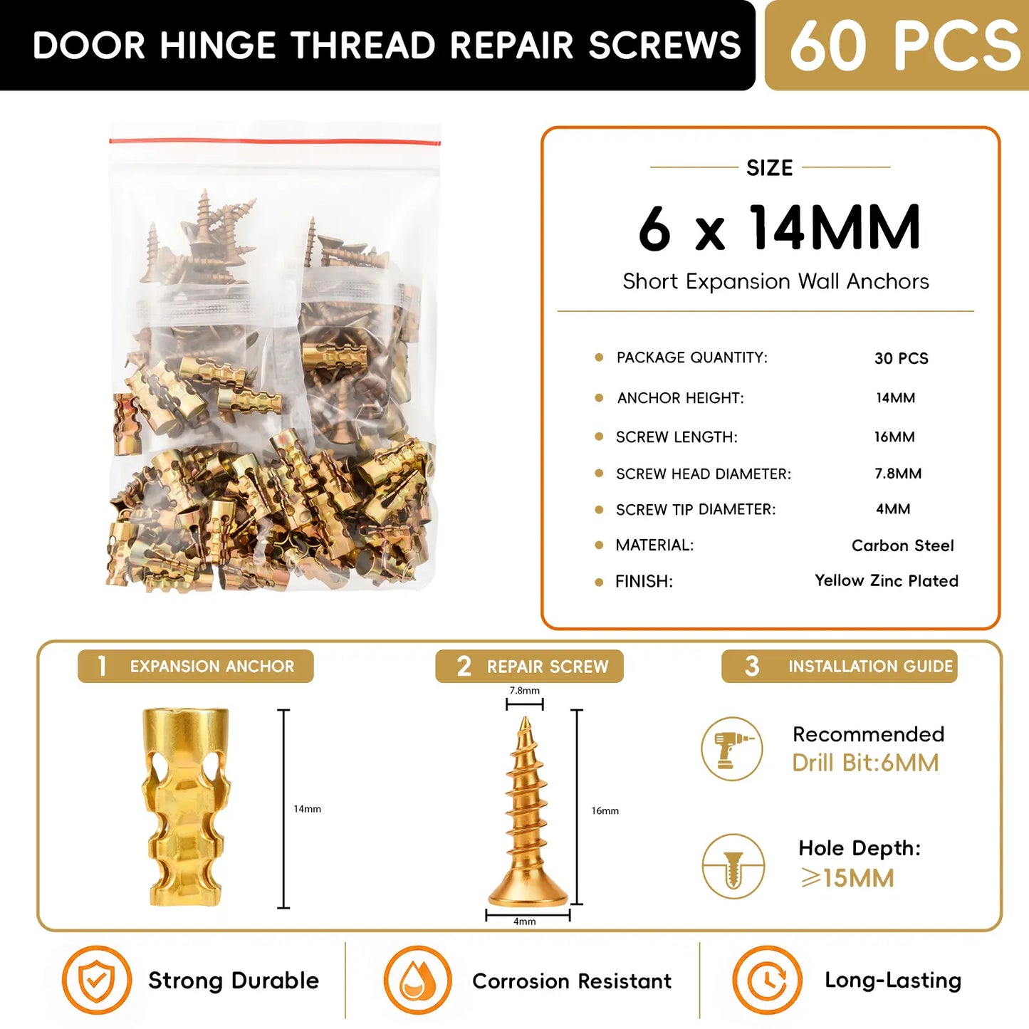 6*14mm Door Hinge Thread Repair Screws, 30Pack/60Pack Short Expansion Wall Anchors, Stripped Thread Repair Fixer for Cabinet, Tile, Stone and Partition Hinge Mounting fathersdaygift