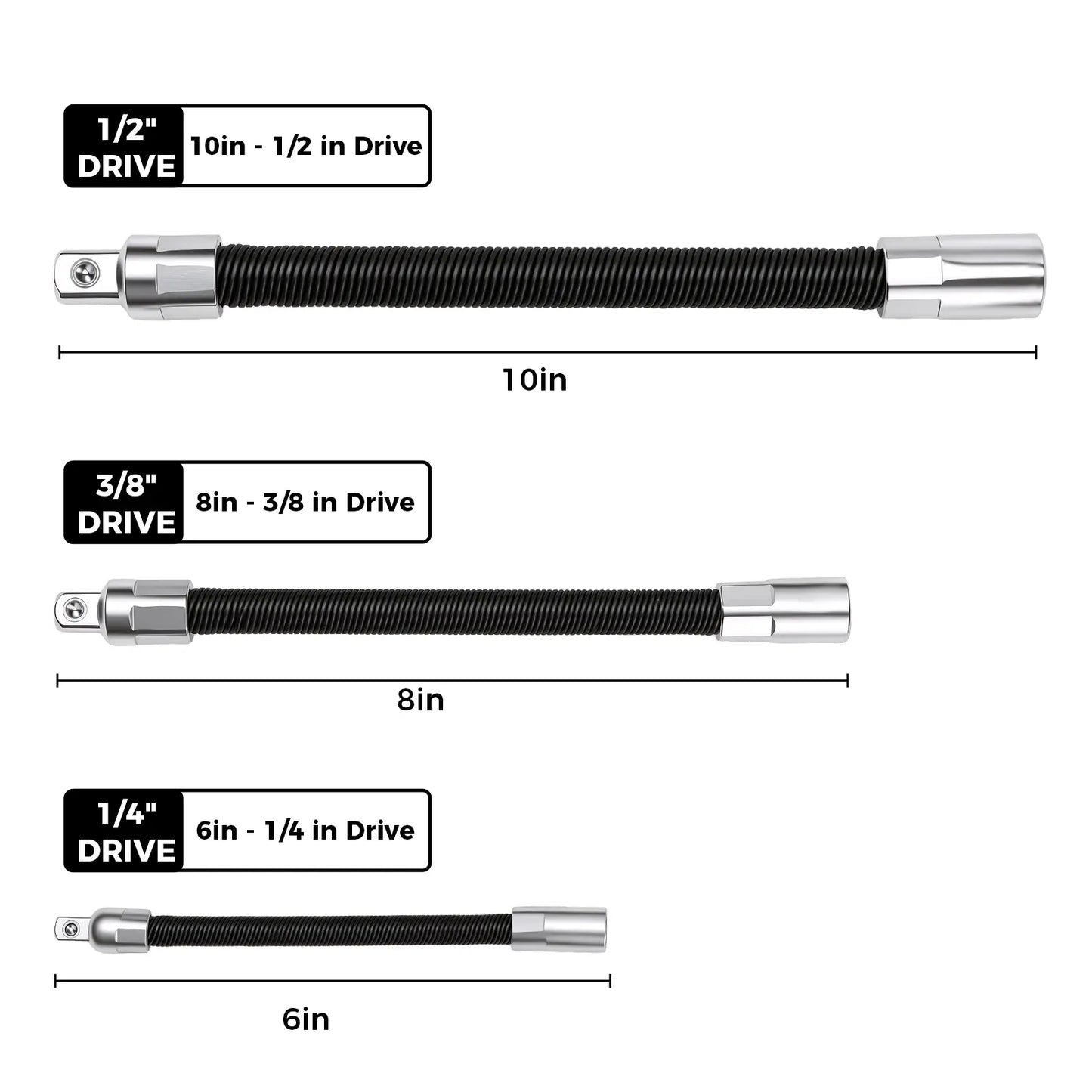 Flexible Socket Extension Bar Set 3-Piece 1/2" 3/8" 1/4" Shaft Drive 10" 8" 6"-Spring-Loaded Detent Balls to Prevent Slipping, fathersdaygift fathersdaygift