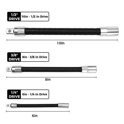 Flexible Socket Extension Bar Set 3-Piece 1/2" 3/8" 1/4" Shaft Drive 10" 8" 6"-Spring-Loaded Detent Balls to Prevent Slipping, fathersdaygift fathersdaygift