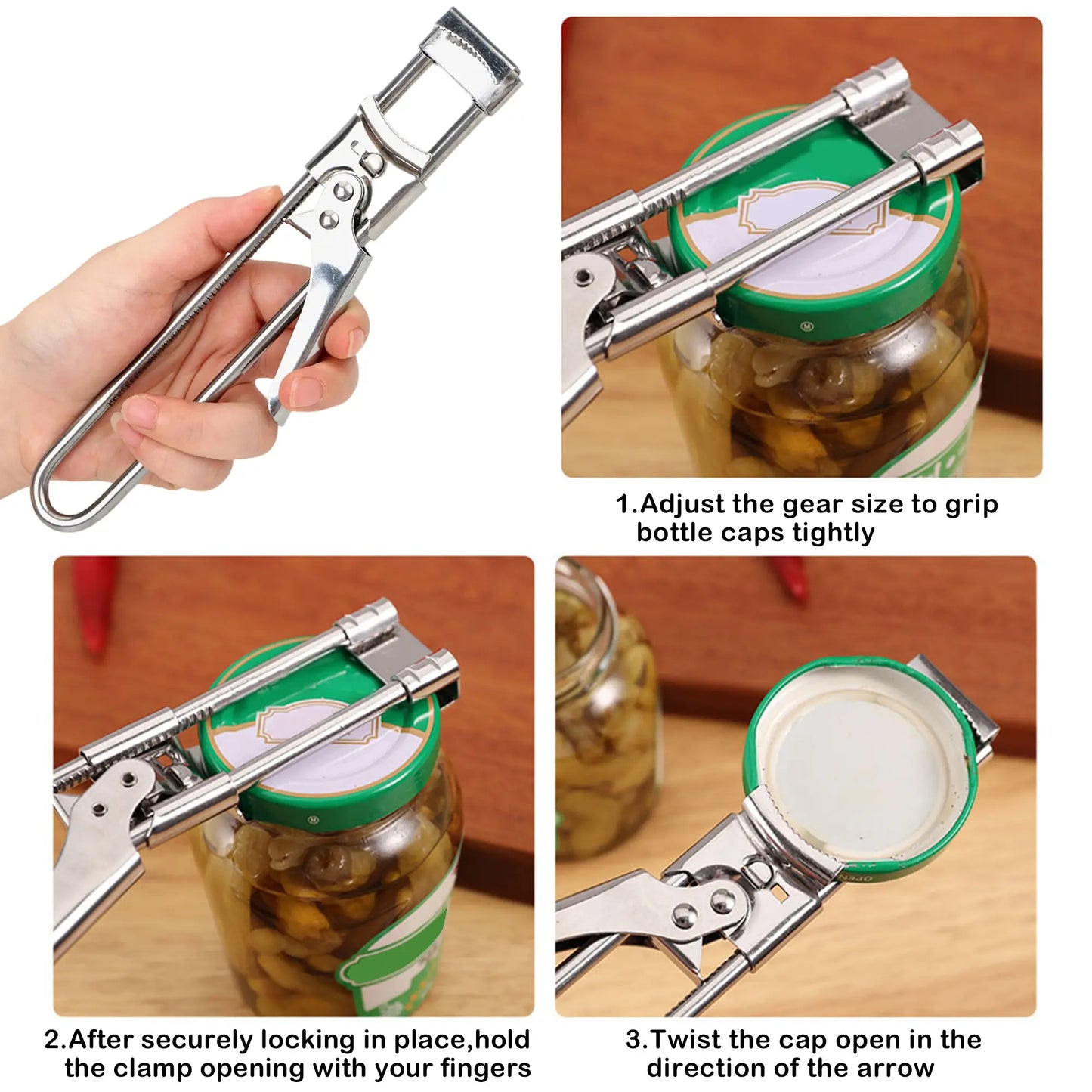 Jar Opener for Weak Hands, Multifunctional Adjustable Can Opener, Stainless Steel Jar Lid Opener Bottle Opener Tool for Seniors with Arthritis, Manual Jar Gripper for Kitchen