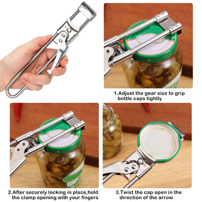 Jar Opener for Weak Hands, Multifunctional Adjustable Can Opener, Stainless Steel Jar Lid Opener Bottle Opener Tool for Seniors with Arthritis, Manual Jar Gripper for Kitchen