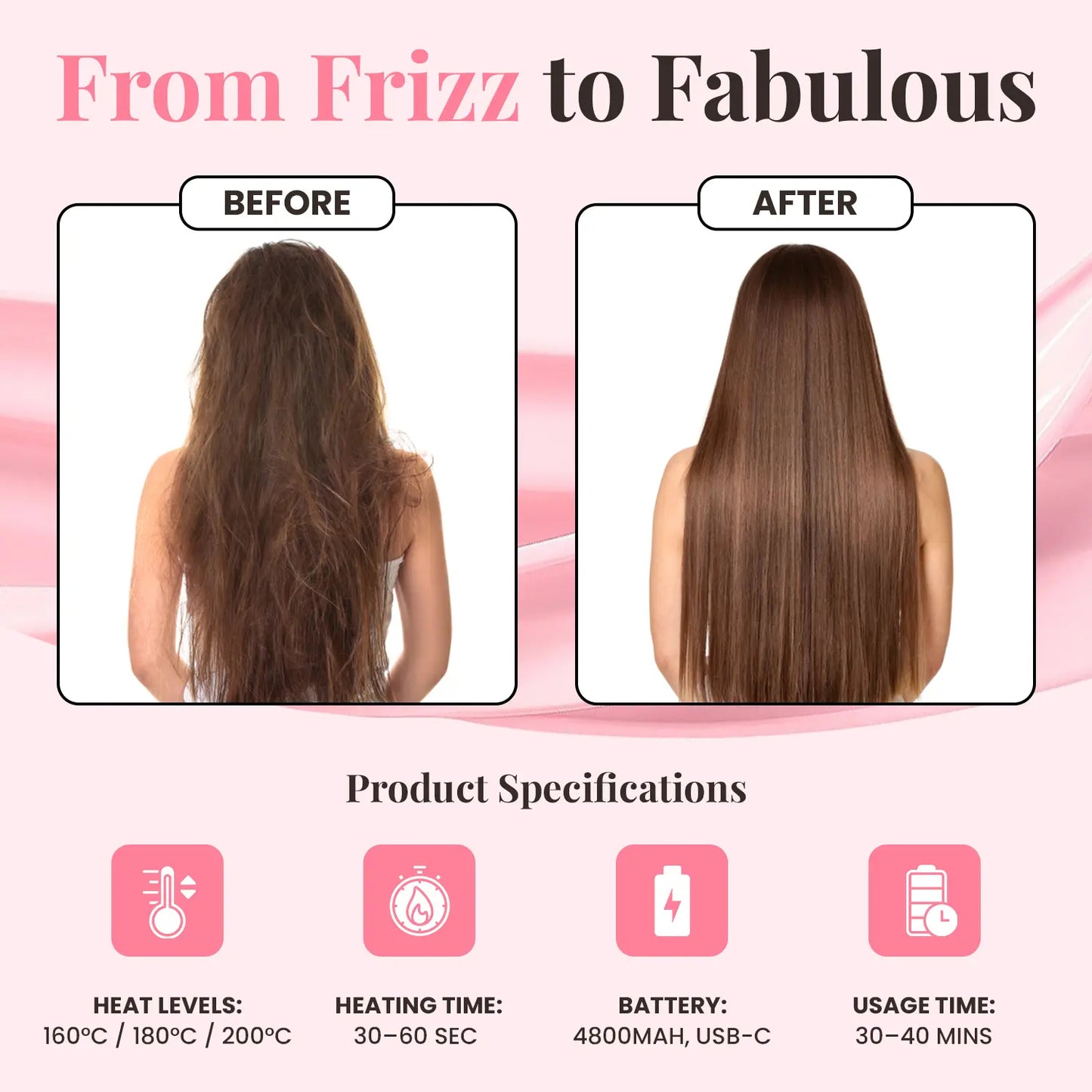 Mini Cordless Hair Straightener, Portable 2-in-1 Heated Comb & Iron, USB-C Rechargeable, Travel-Friendly Styling Tool, Multifunctional Hair Styler For Travel & Home Anti-Frizz Brush Pink