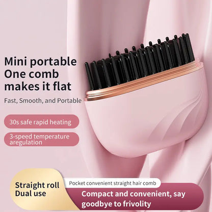 Mini Cordless Hair Straightener, Portable 2-in-1 Heated Comb & Iron, USB-C Rechargeable, Travel-Friendly Styling Tool, Multifunctional Hair Styler For Travel & Home Anti-Frizz Brush Pink