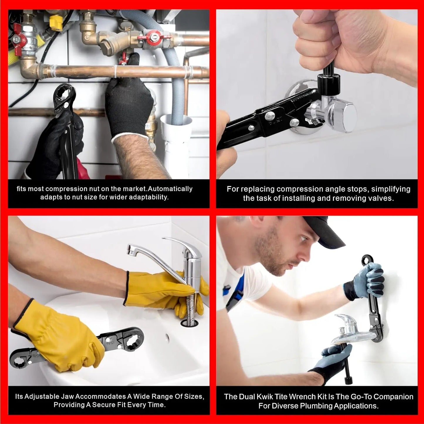 Plumbing Tools – Dual Kwik Tite Wrench Kit, Angle Stop Wrench, Plumbing Wrench. Professional plumbing toolset specially designed for confined spaces for easy angle stop and supply nut installation. Must-have for plumbers.