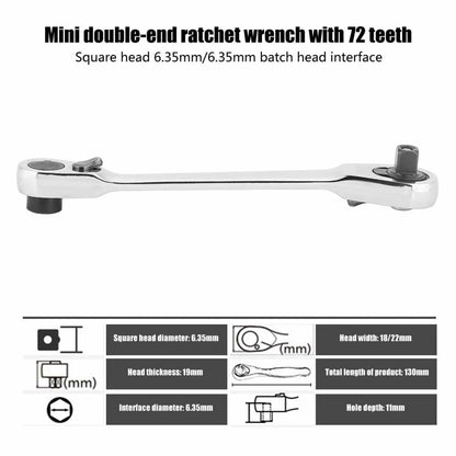 Silver Ratchet Wrench 1/4 Inch Mini Double Headed 72 Tooth Drive Socket (Bits Not Included), Ratchet Set Rotator Practical Accessories Tool, 5 Degrees Quick Install Release