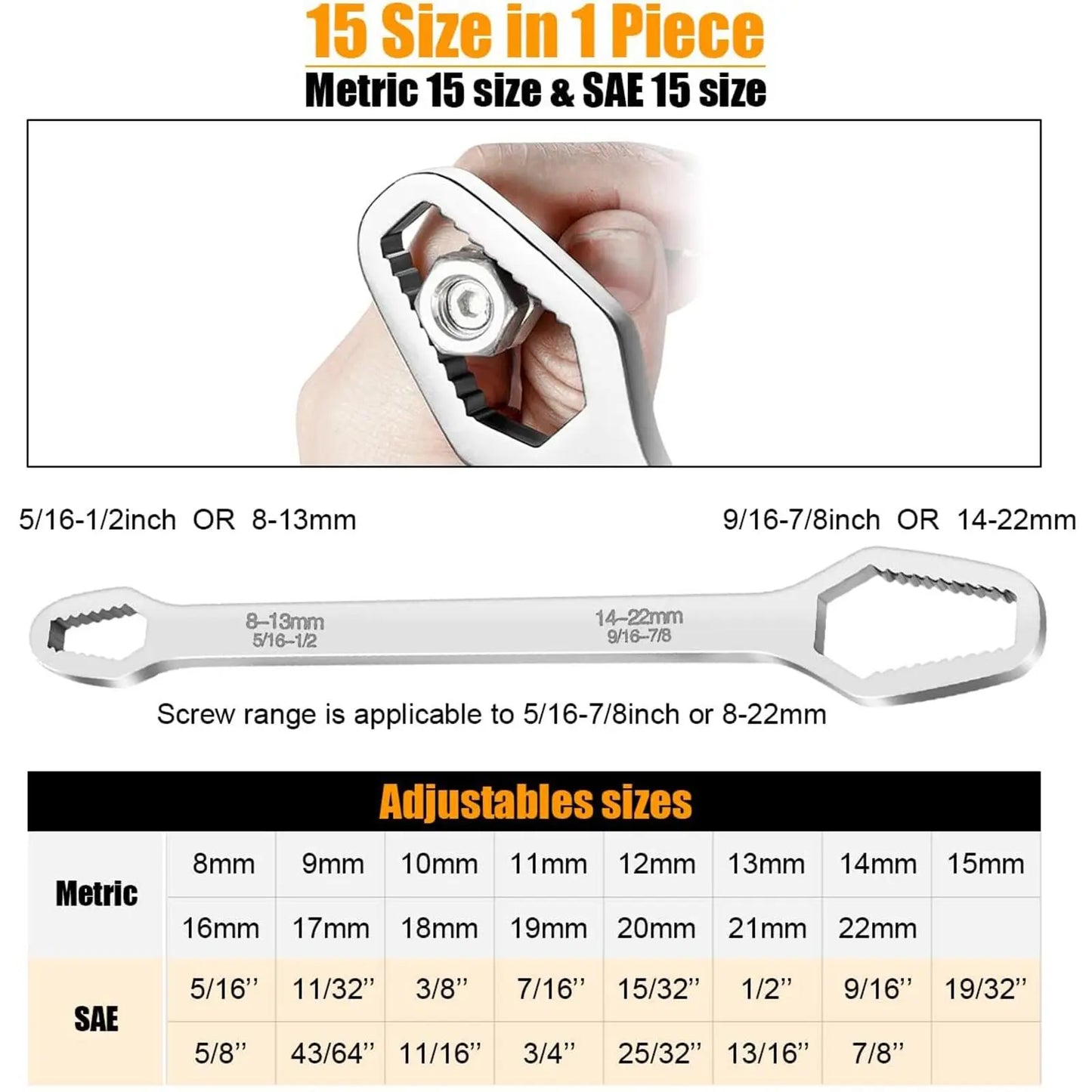 Universal Wrench,Self-Tightening Adjustable Wrench 8-22mm, 3mm Carbon Steel, Double-Head with Torx Socket, Auto-Grip Non-Slip Universal Wrench for Car & Home Repair